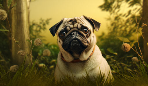 A pug sitting in the grass, exaggerated facial features style