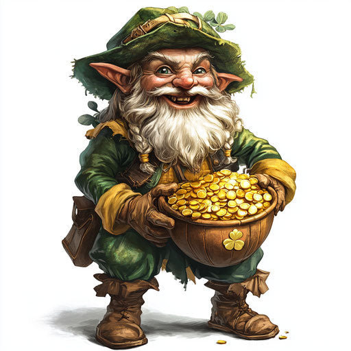 Leprechaun with pot of gold, white background, clipart style