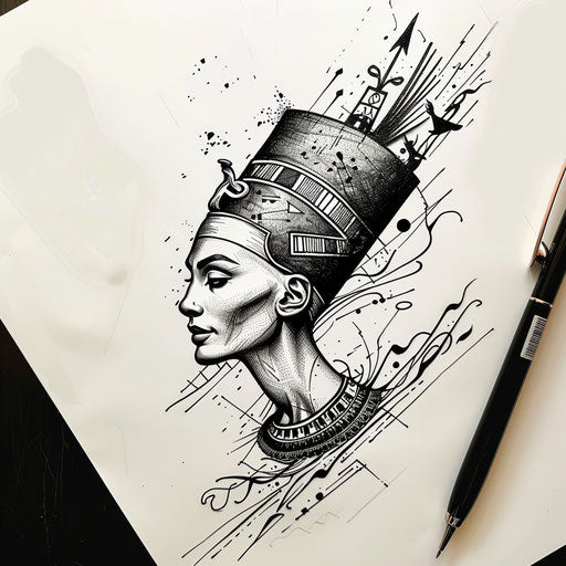 Flat tattoo sketch of Nefertiti with elegant calligraphy