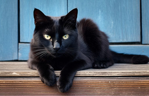 Black cat lounging on a wooden deck