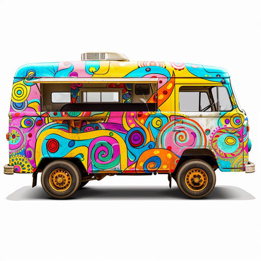 Realistic food truck on flat white background, vibrant colors