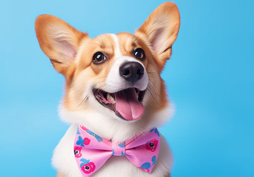 Corgi with pink bandanna on blue background, scoutcore style