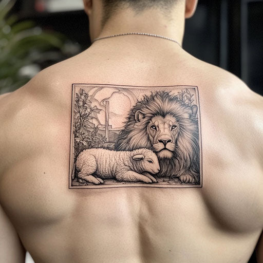 Christian tattoos for men with a lamb and a lion lying together on the back