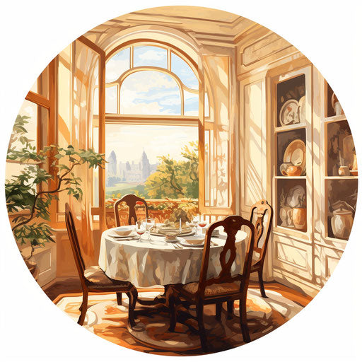 Dining room clipart in the style of oil painting, on white background