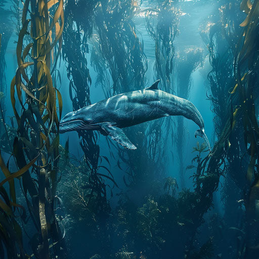 A blue whale swimming in a kelp forest