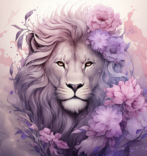 Lion and flowers in a whimsical and fantastical style