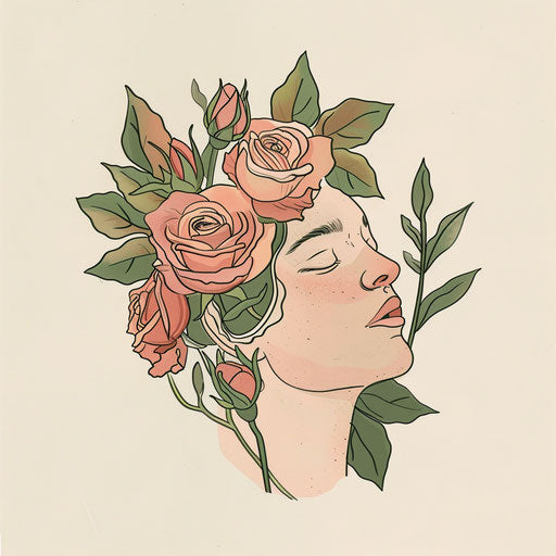 Venus face framed by roses, minimalist clipart style