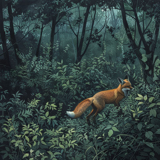 White tail fox hunting in underbrush of dense green forest