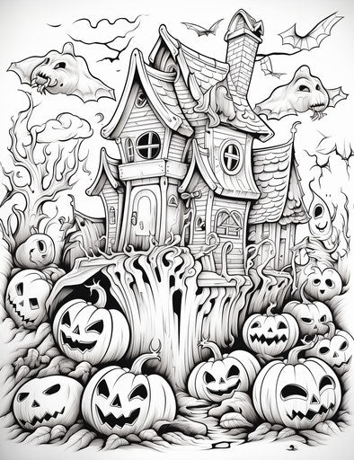 Halloween coloring page featuring ghosts with bats