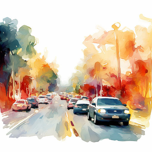Traffic illustration in the style of Impressionistic Art, on white background