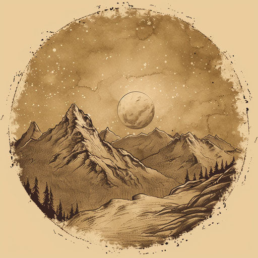 Rustic tattoo sketch of dawn sky over mountain landscape