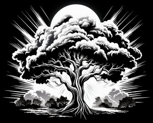 Black and white cloud icon with white lightning, comic art style