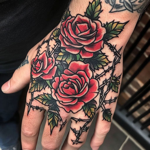 Cool hand tattoos of roses with barbed wire