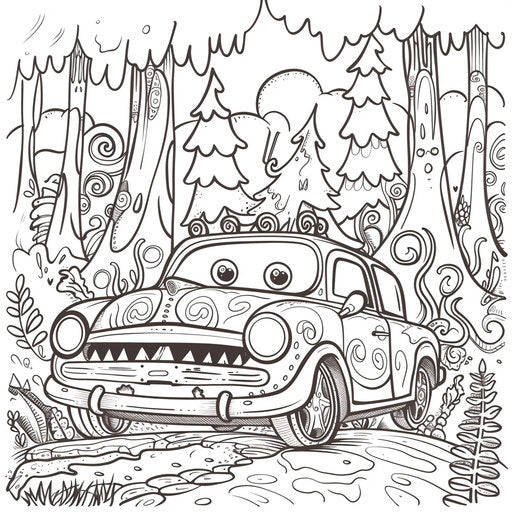 Whimsical car in a magical forest