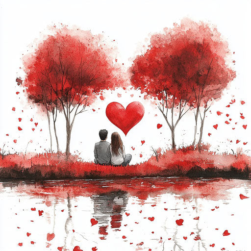 Heart-shaped lake with couple, romantic autumn landscape