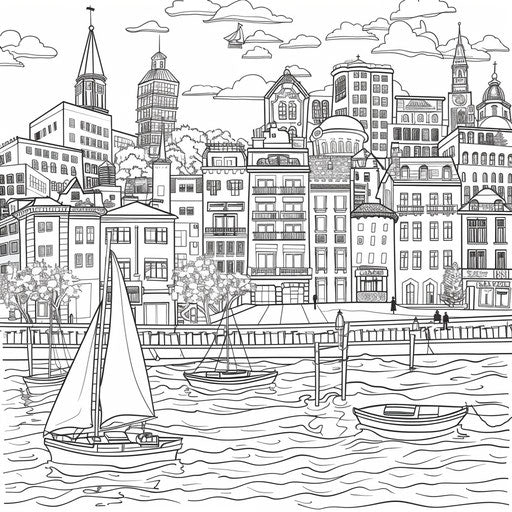 City skyline with river and boats. Coloring book page