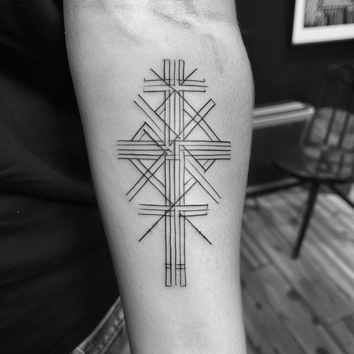 Minimalist strength cross tattoo with bold geometric lines