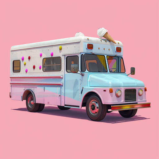 Ice cream truck clipart in photo realistic style with flat random color background