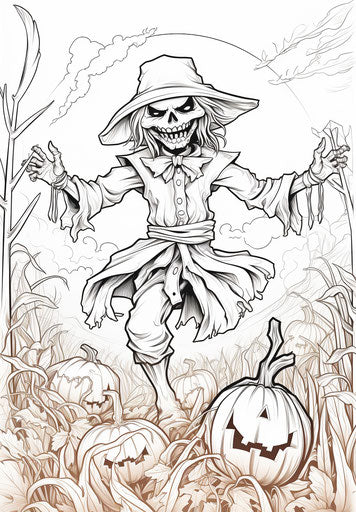 Coloring pages of a scarecrow, orange and magenta style, light sky-blue and black, carved animal figures
