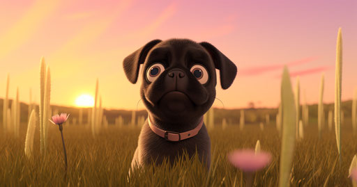 Pug dog on grass looking at the sun