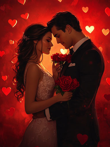 Elegant romance: couple in love surrounded by red hearts