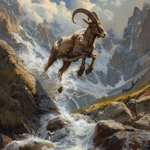 Young ibex jumping over a mountain stream