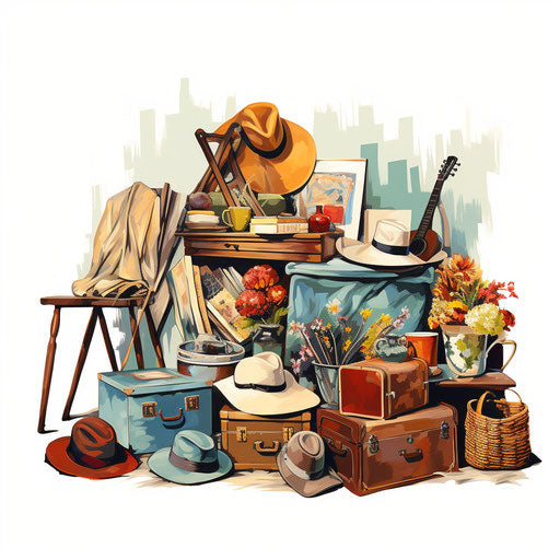 Oil painting style illustration of garage sale on white background