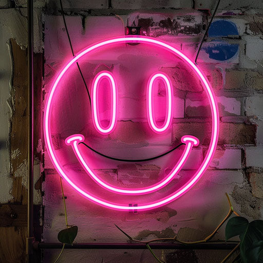 Pink neon of the happy emoji, casting an enchanting glow