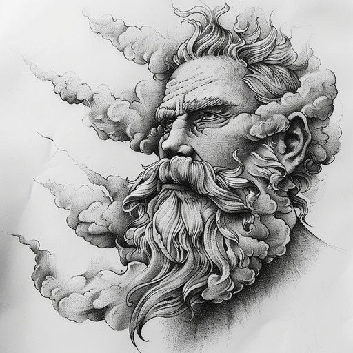 Zeus as wise old man, beard flows into storm clouds, dotwork tattoo