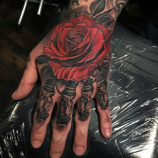 Rose hand tattoo in the style of Adrian Smith featuring mechanical rose petals