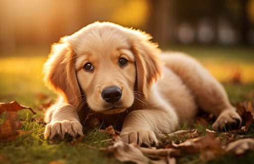 Golden retriever puppy lying in the grass