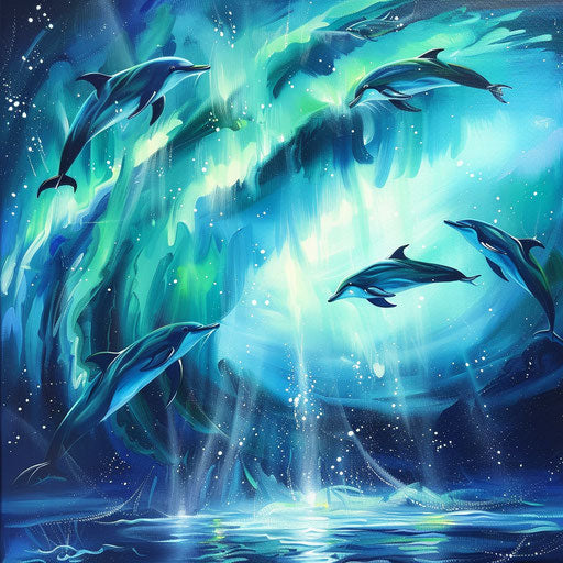 Dolphins Gliding in the Luminous Aurora Under the Ocean