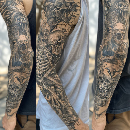 Dark fantasy and horror sleeve tattoo, David Palumbo style