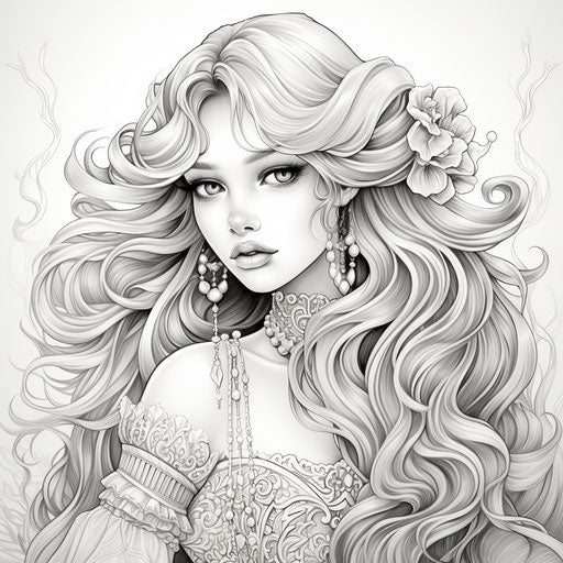 Princess with long hair coloring pages disney, camilla d'errico style, boris kustodiev, sculpted, ilford pan f