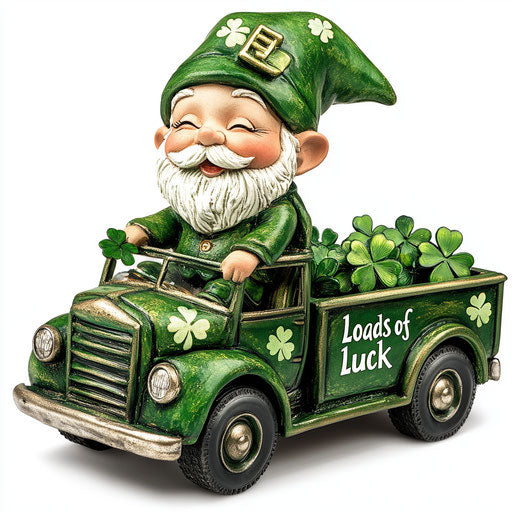 St. Patrick's Day gnome in a green truck with shamrocks