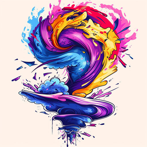 Vibrant tattoo sketch of an energetic tornado with swirling debris in vivid colors