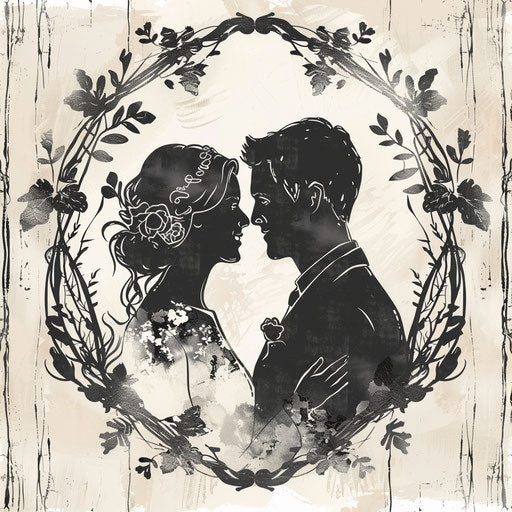 Hand-drawn wedding logo with a rustic background and artistic elements