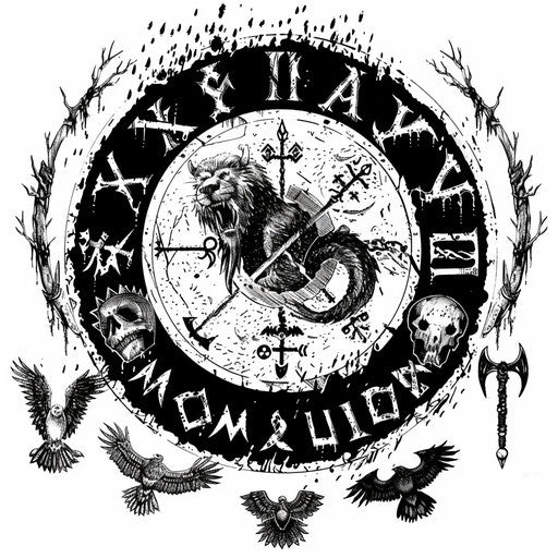 Viking rune circle with dark mythical creatures