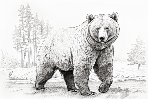 Brown bear coloring page, realistic style, precisionist
