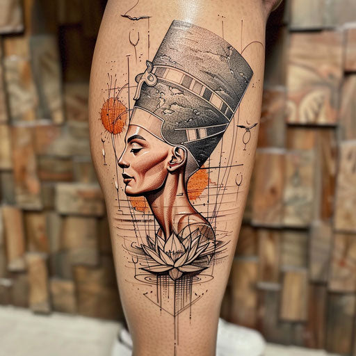 Dynamic flat tattoo sketch of Nefertiti with an abstract design of the Nile and lotuses