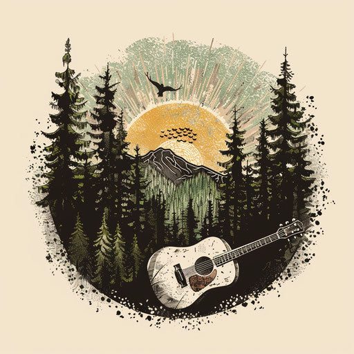 Folk band logo with hand-drawn, rustic fonts and a natural forest background