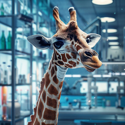 A giraffe scientist in a lab, discovering breakthrough technologies