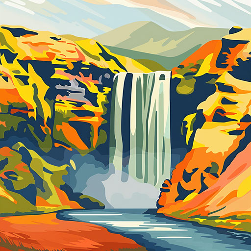 Skogafoss waterfall with bold shapes and vibrant colors