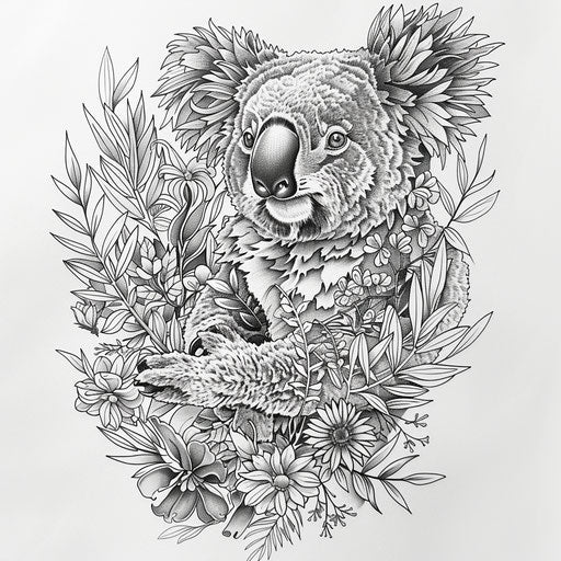 Detailed flat tattoo sketch with a koala surrounded by floral patterns