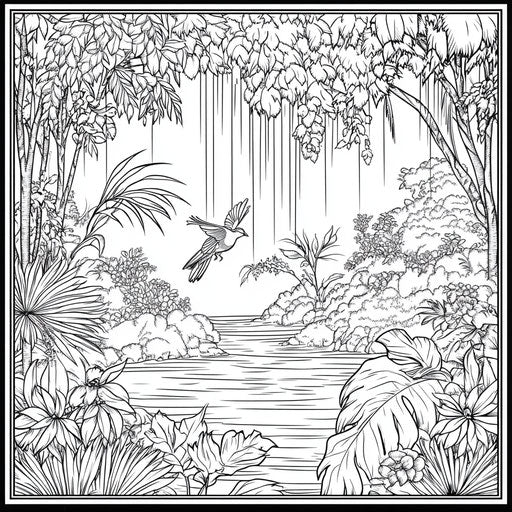 Rainforest with elegant designs, in the style of Megan Hess, Coloring book page