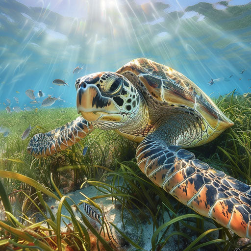 A green turtle feeding in a sunlit bay