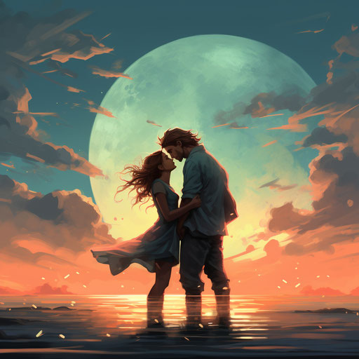 Descending moon, kiss under yellow and cyan light