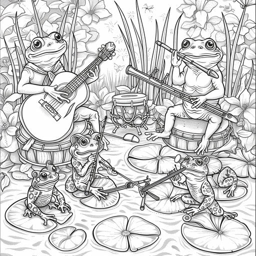 Frogs on lily pads playing musical instruments in a pond