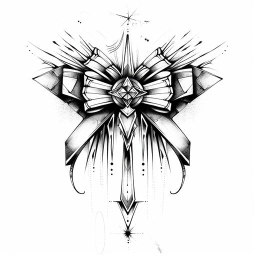 Bold clipart style tattoo sketch of a bow with sharp geometric shapes