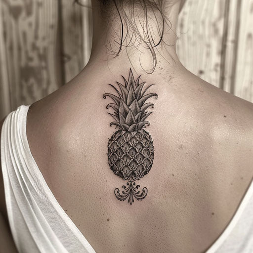 Elegant black and white pineapple tattoo with filigree design